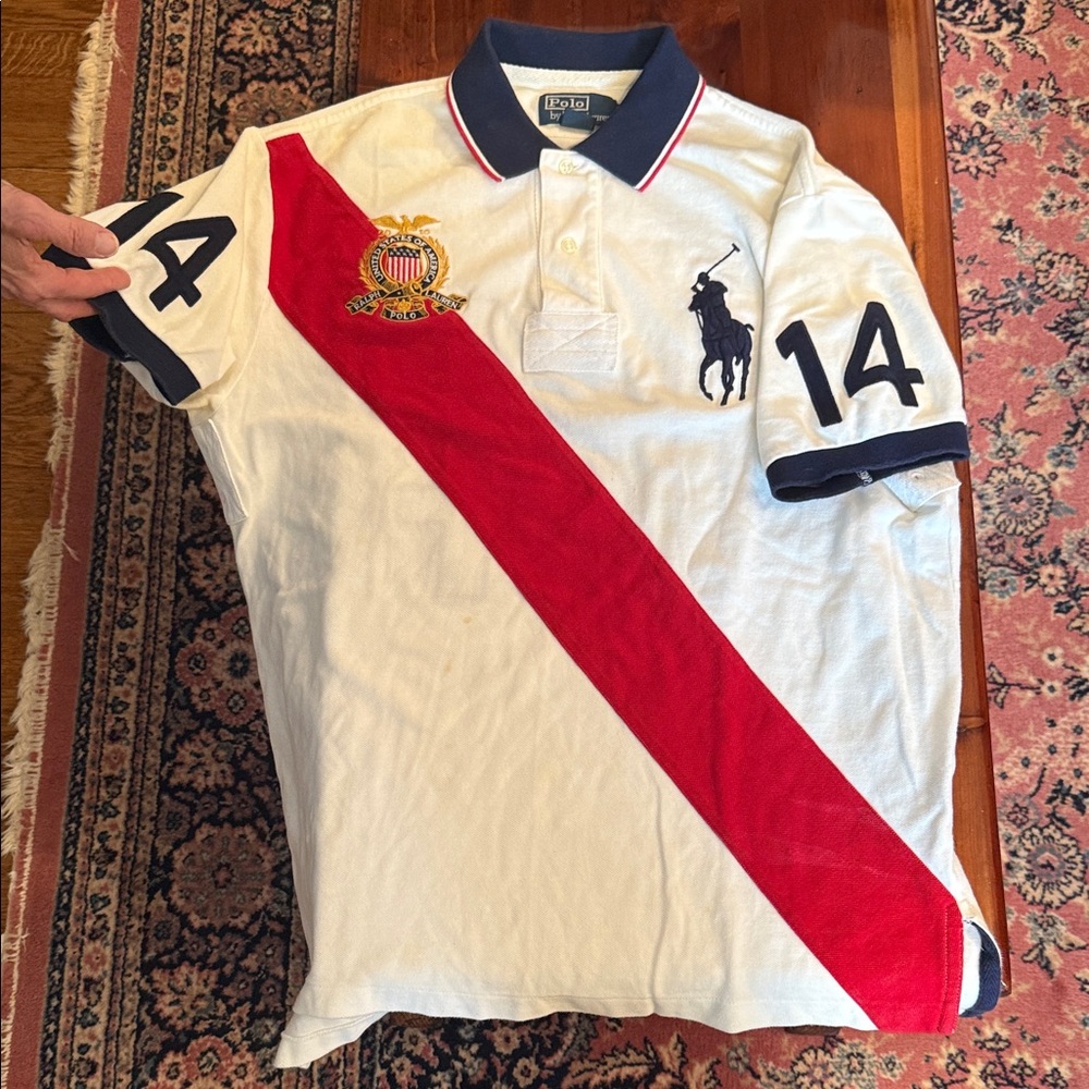 Ralph Lauren White Polo with Red Diagonal Stripe and Navy Accents